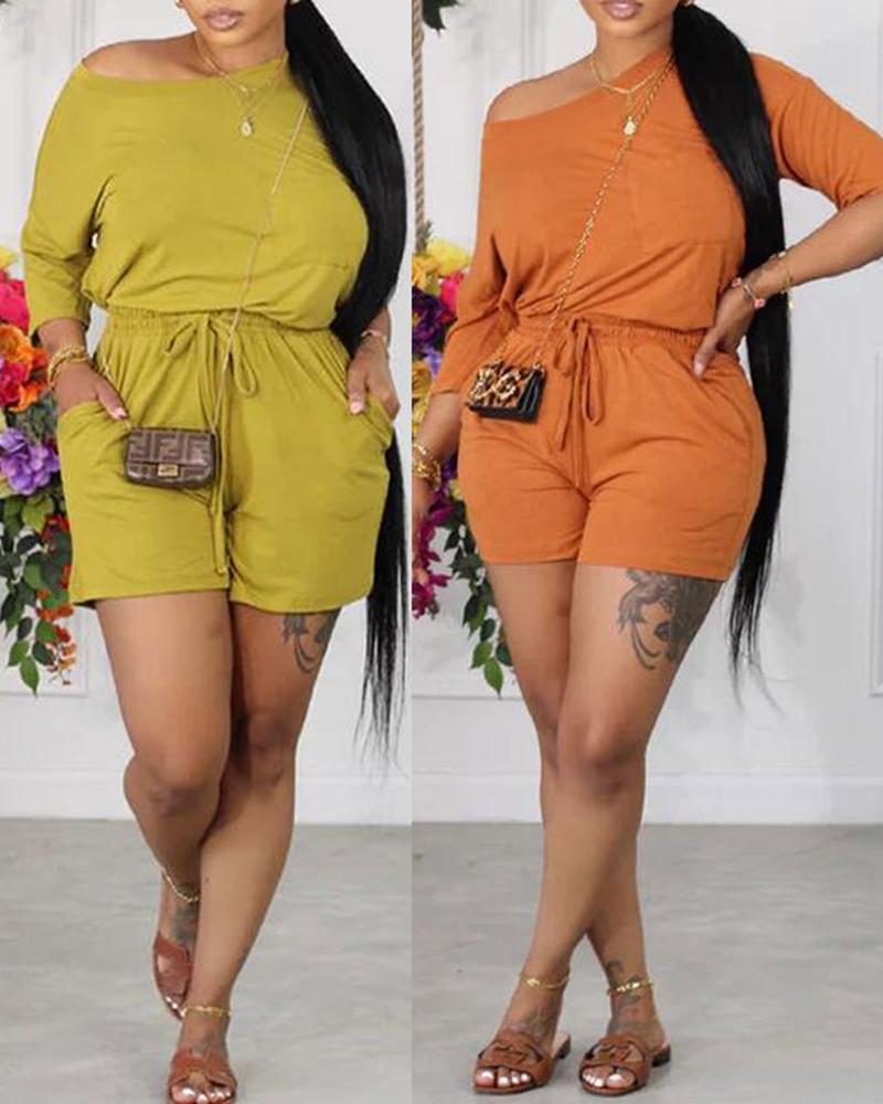 Skew Neck Top & Drawstring Shorts Set