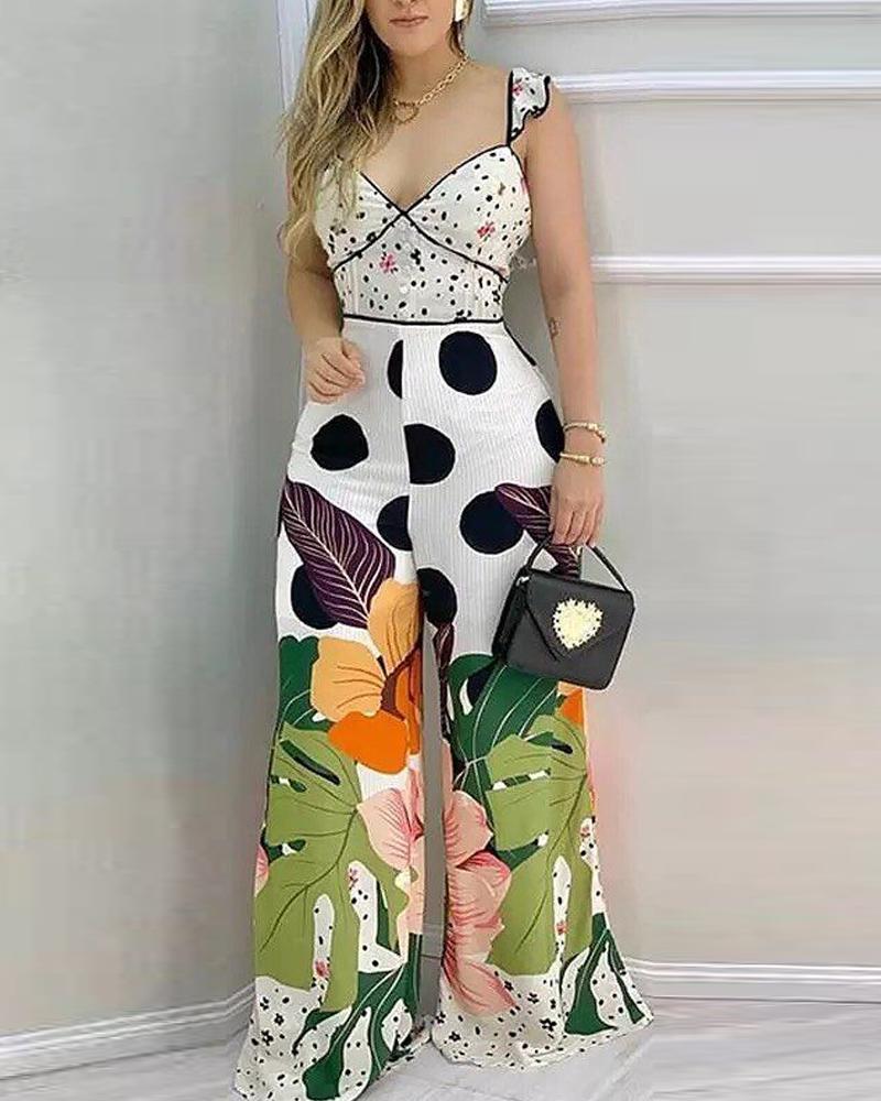 Polka Dot Leaf Print Wide Leg Jumpsuit