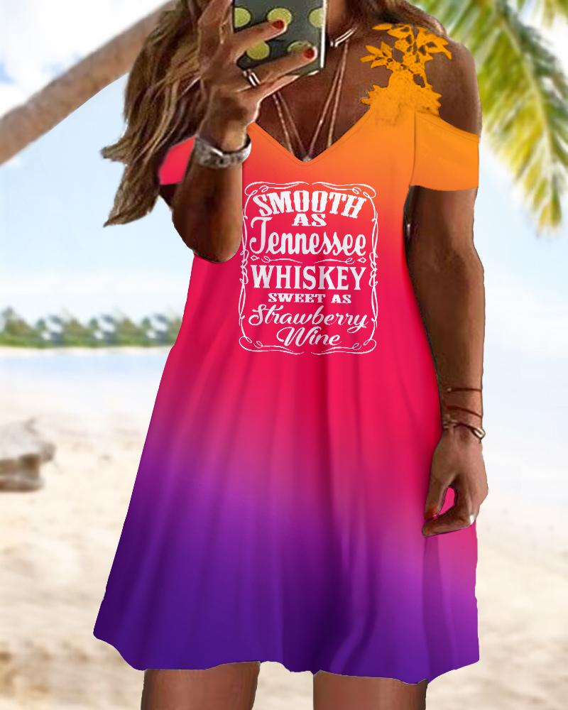 Plus Size Smooth As Tennessee Whiskey Sweet As Strawberry Wine Print Ombre Lace Patch Casual Dress