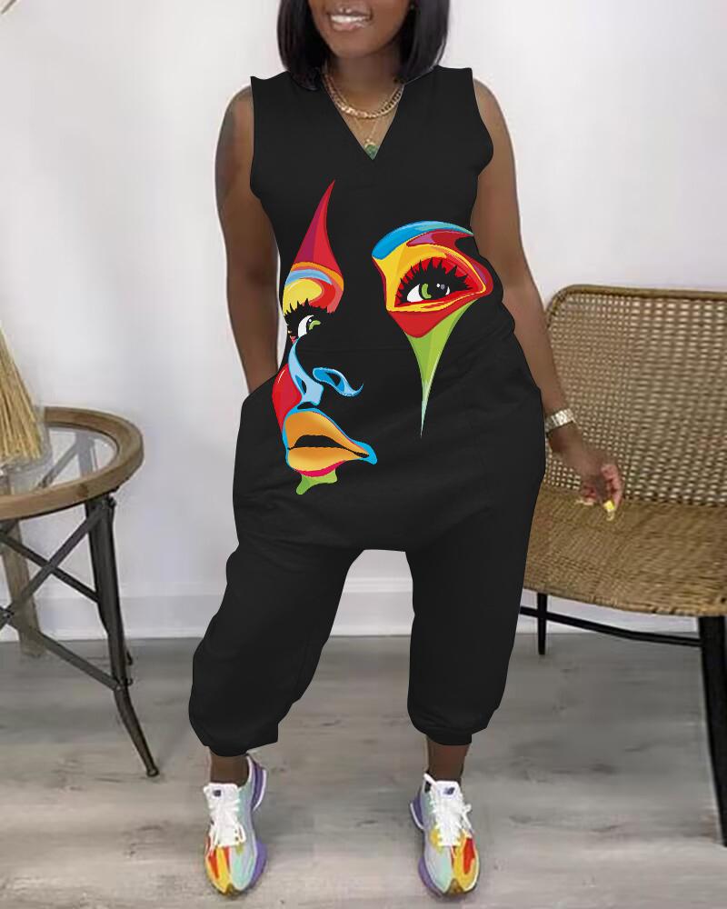 Abstract Figure Print Sleeveless Jumpsuit