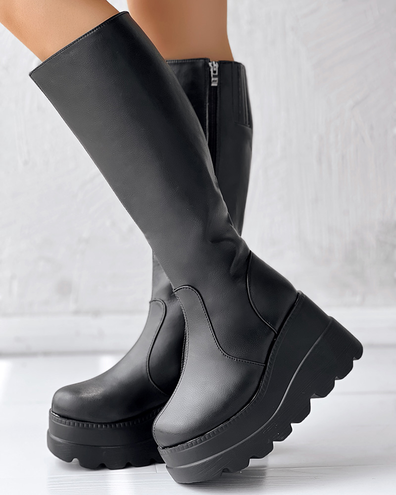 Round Toe Side Zipper Wedge Platform PU Boots