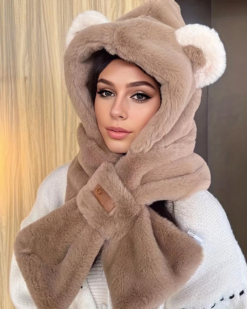 Fuzzy Winter Thermal Earmuffs One-Piece Scarf Hat With Bear Ears