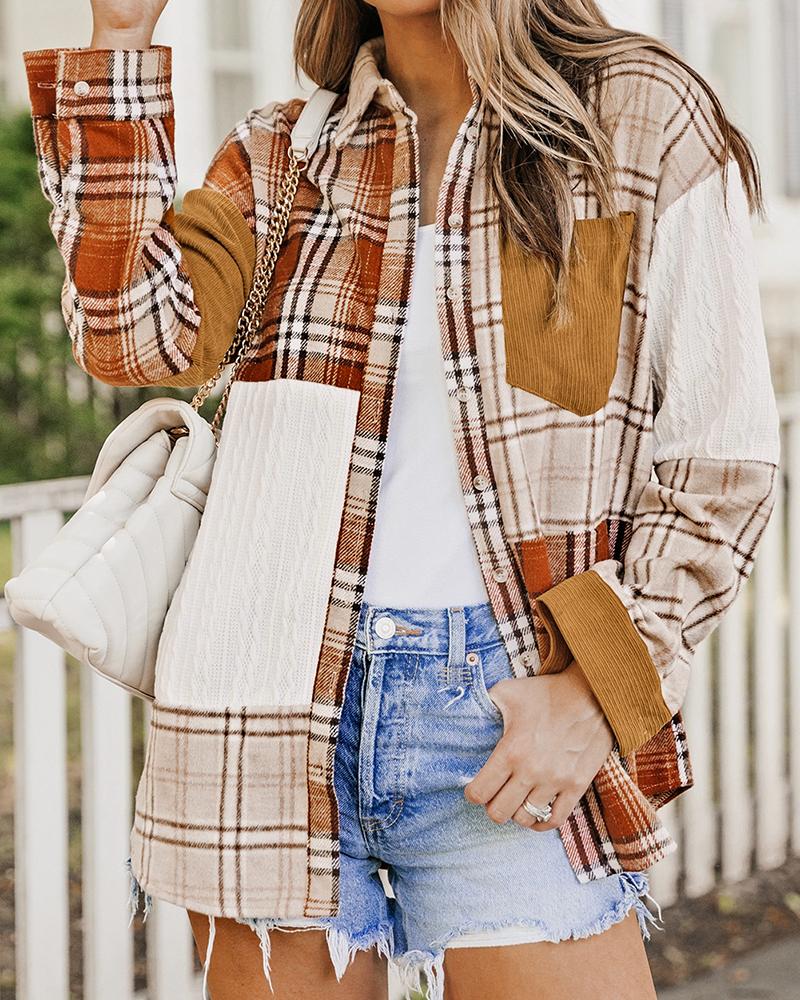 Colorblock Plaid Print Long Sleeve Shacket