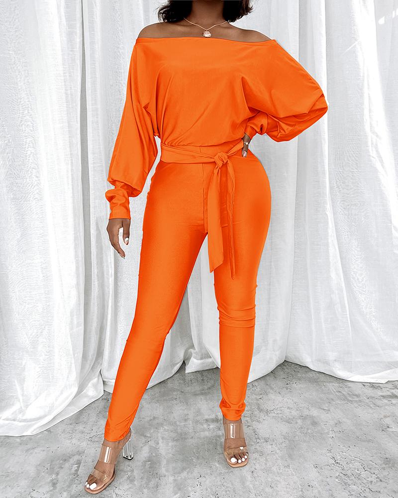 Off Shoulder Batwing Lantern Sleeve Jumpsuit With Belt