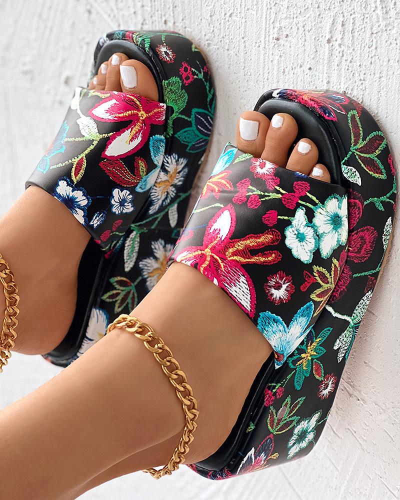 Floral Embroidery Wide Strap Wedge Slippers