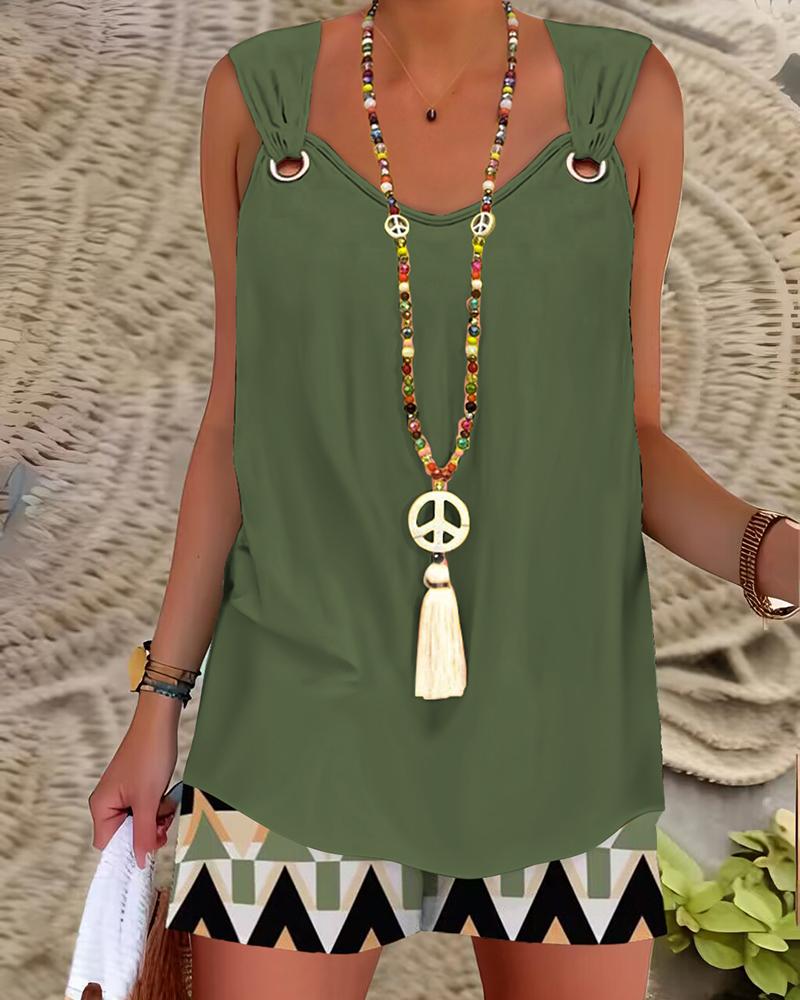 Eyelet Sleeveless Top & Geometric Print Shorts Set