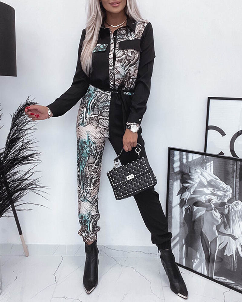 Snakeskin Print Flap Detail Button Front Jumpsuit