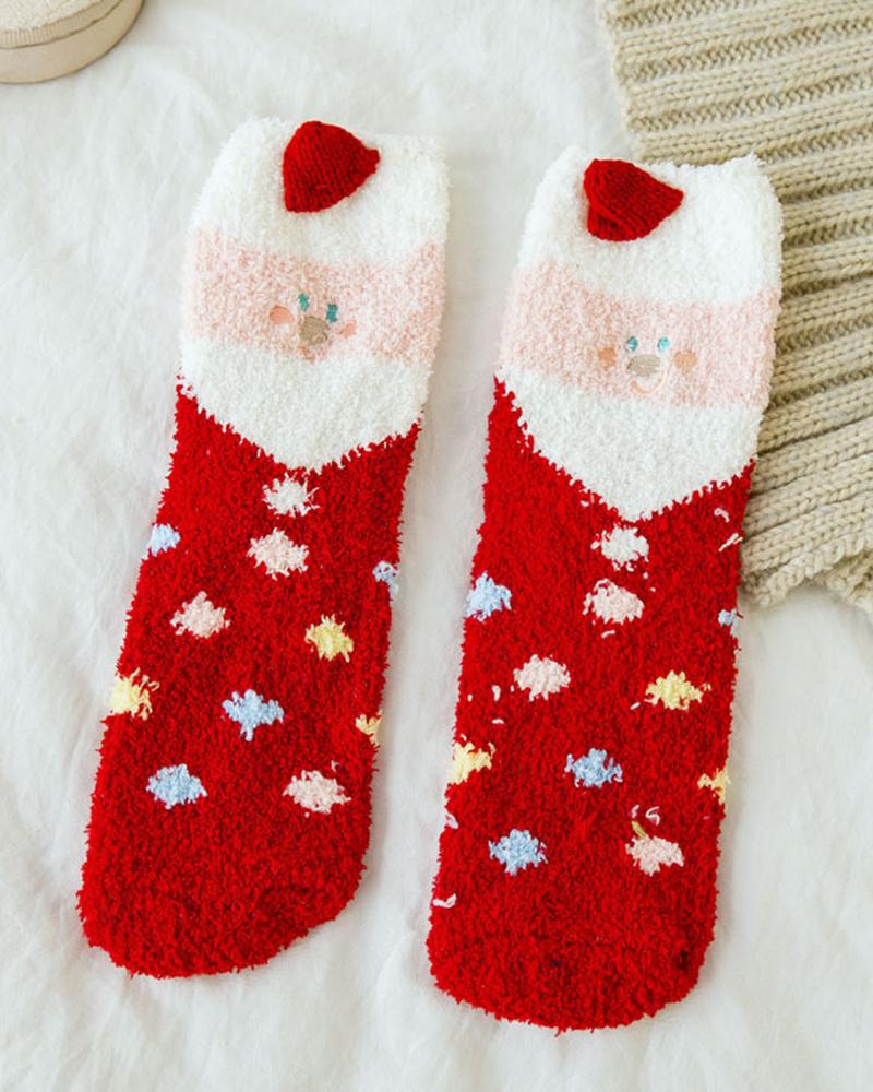 1Pair Christmas Santa Colorblcok Fuzzy Thermal Socks