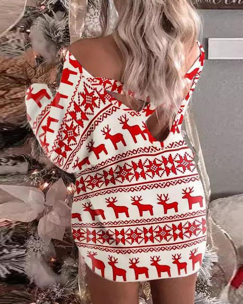 Christmas Fair Isle Pattern Print Crisscross Backless Casual Dress