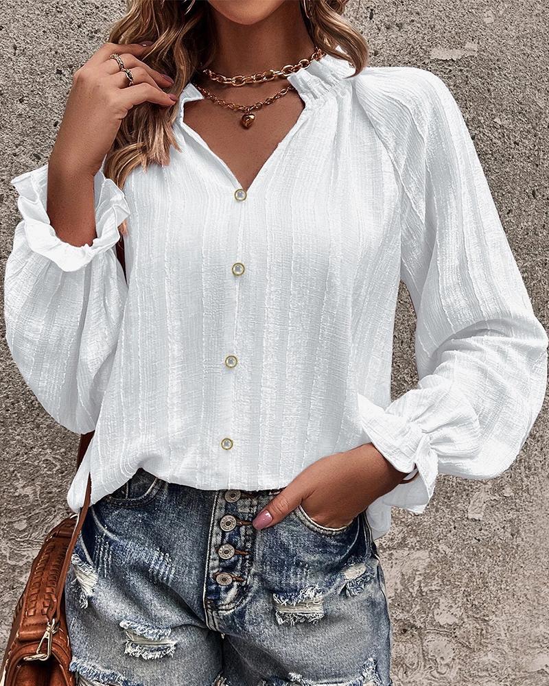 Frill Hem Lantern Sleeve Buttoned Top