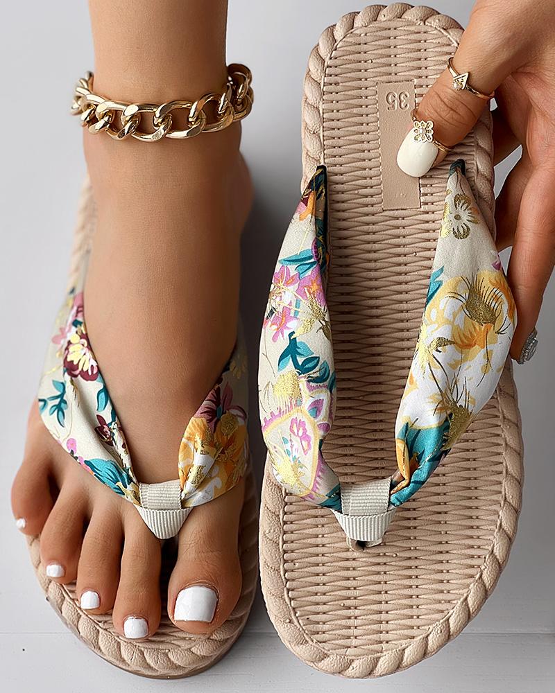 Floral Print Toe Post Beach Flip Flops