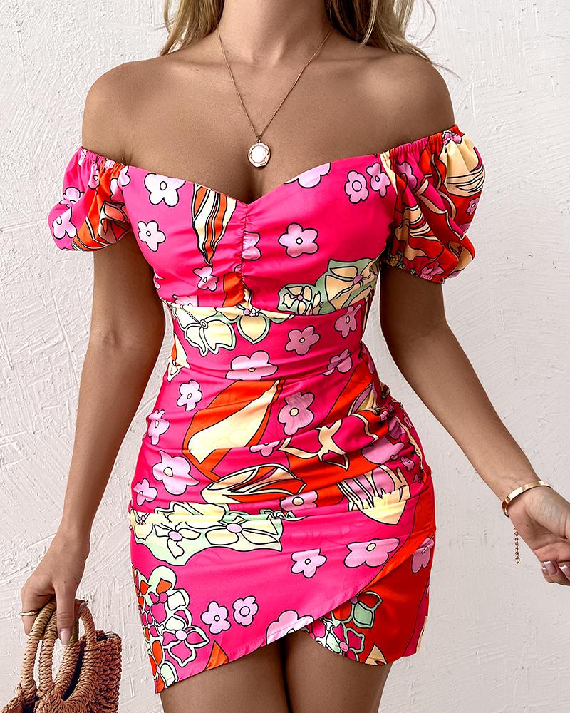 Floral Print Off Shoulder Shirred Wrap Dress