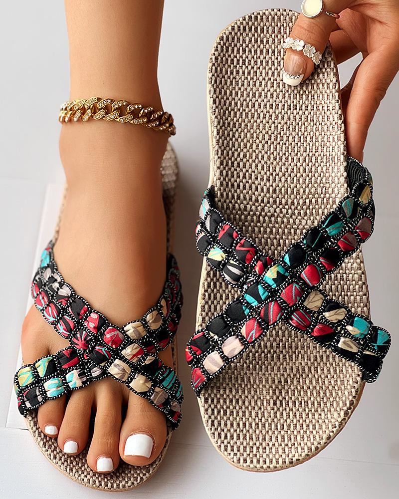 Geometric Cross Strap Linen Slippers
