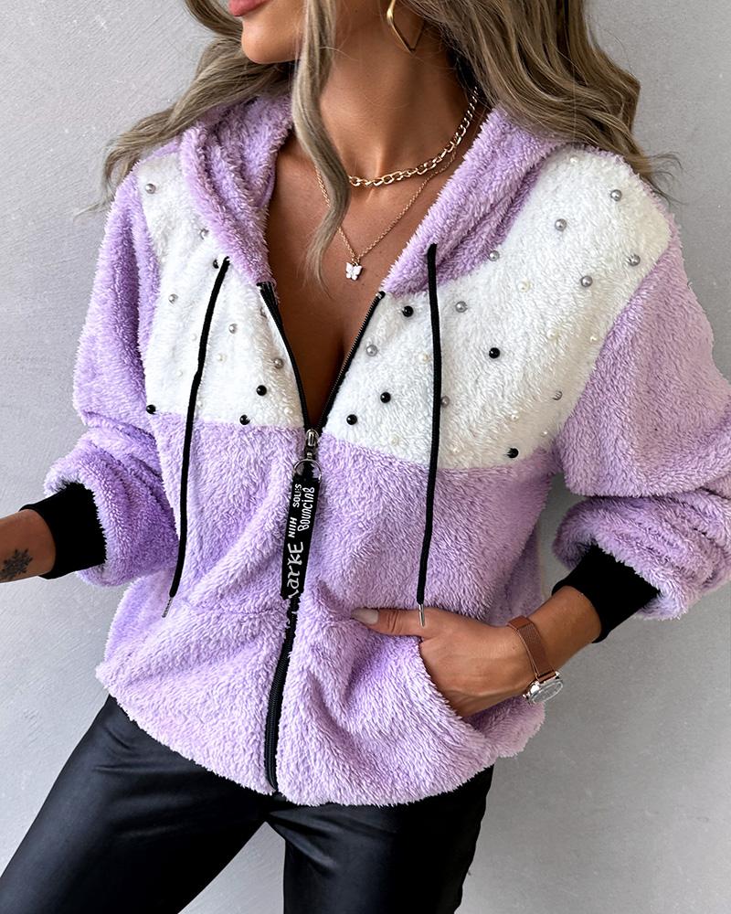 Colorblock Zipper Design Random Beaded Hooded Coat