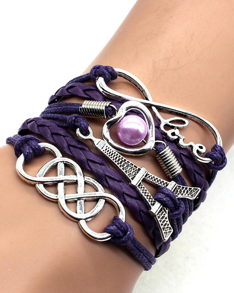 1pcs Multilayer Hollow Heart Faux Pearl Decor Eiffel Tower Love Letter Design Bohemian Braided Bracelet