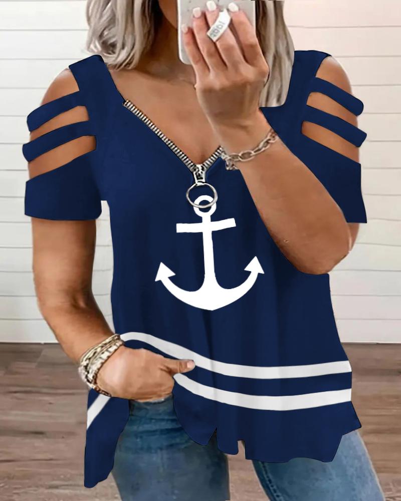 Plus Size Anchor Print Striped Colorblock Cutout Zipper Design T-Shirt