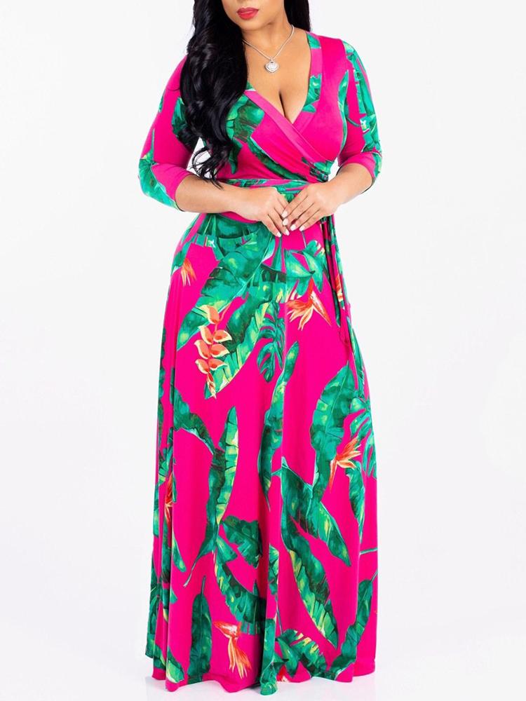 Printed Long Sleeve Tie Waist Wrap Maxi Dress