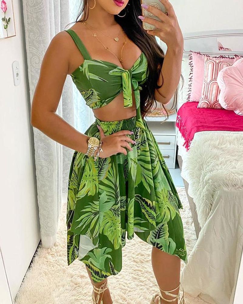 Floral Print Strap Sleeveless Cropped Tanks With Mini Dress Suit Sets