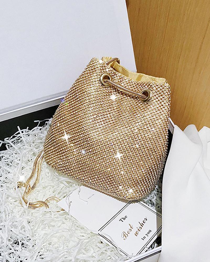 Allover Rhinestone Chain Bucket Evening Bag