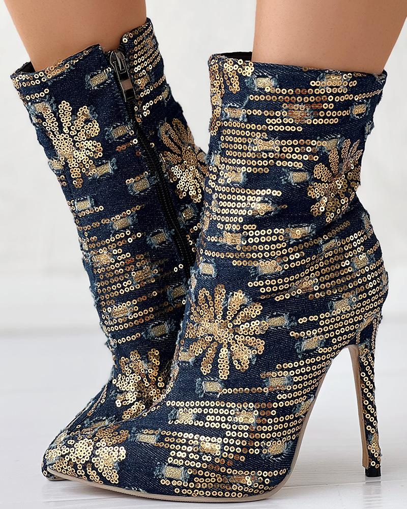 Sequin Floral Pattern Stiletto Heel Ankle Boots