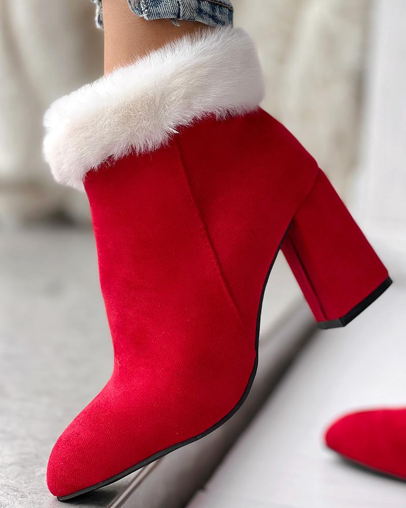 Fuzzy Detail Chunky Heel Ankle Boots