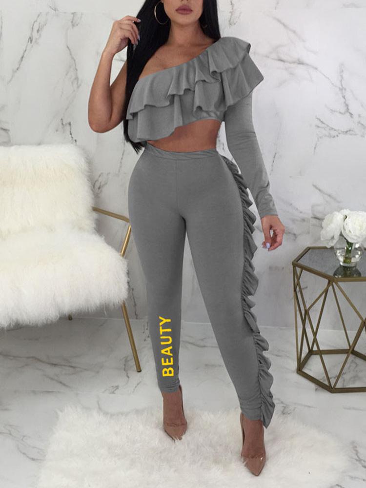 One Shoulder Ruffles Design Pants Set