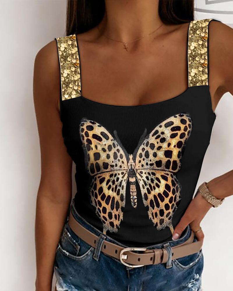 Tanks & Crop Tops Butterfly Print Square Neck Backless Knit Tank Top