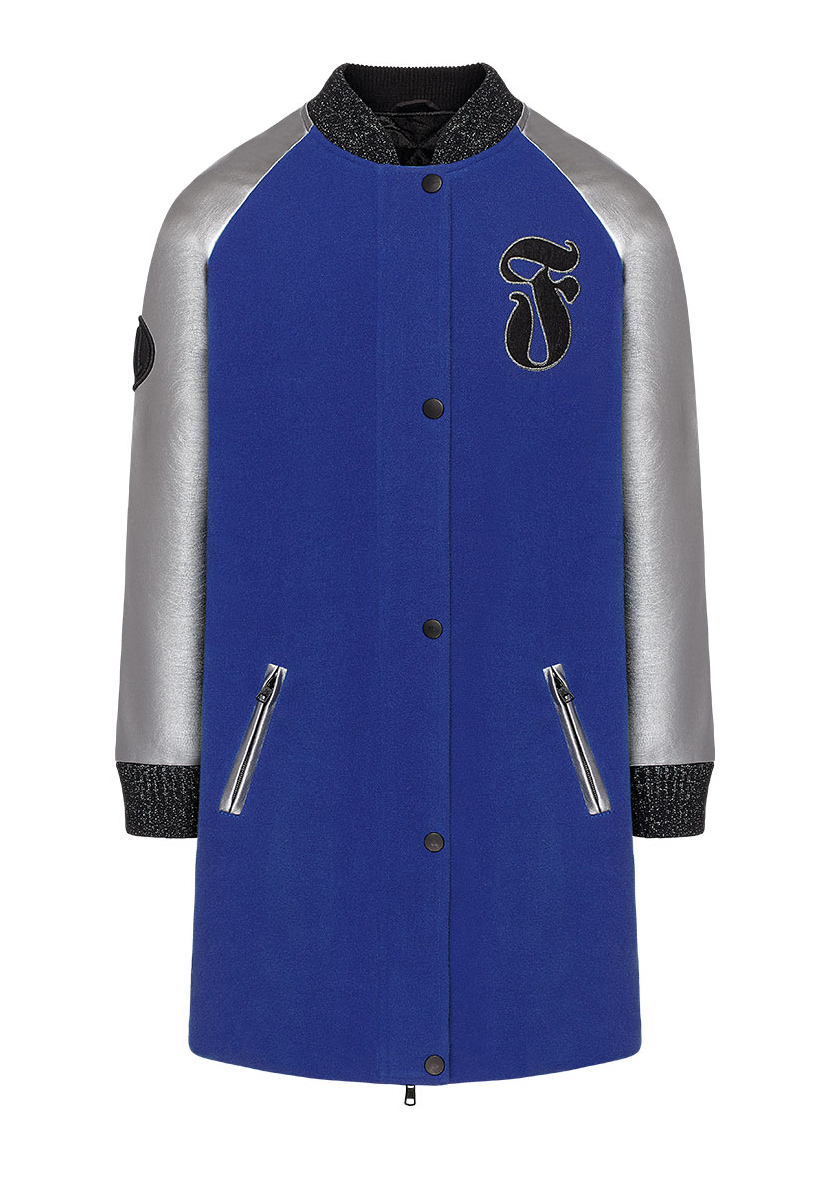 Утепленное пальто с рукавами из экокожи для девочки, цвет ярко-синий