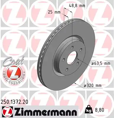 Тормозной диск ZIMMERMANN 250.1372.20 вентилируемый передний мост