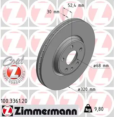 Тормозной диск ZIMMERMANN 100.3361.20 вентилируемый передний мост