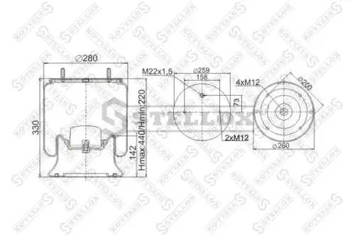 пневмоподушка со стак.!SAF2618 2шп.M12. 1отв.штуц.M22. Поршень стальной 4отв.M12 \SAF