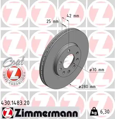 Тормозной диск ZIMMERMANN 430.1483.20 вентилируемый передний мост