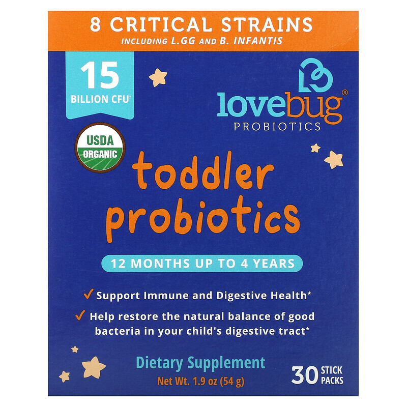 LoveBug Probiotics, пробиотики для детей в возрасте от 12 месяцев до 4 лет, 15 млрд КОЕ, 30 порций в индивидуальной упаковке