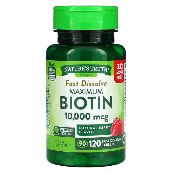 Nature's Truth, Maximum Biotin, Натуральные ягоды, 10000 мкг, 120 быстро растворяющихся таблеток