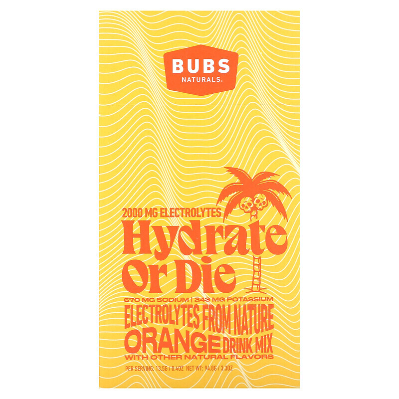 BUBS Naturals, Hydrate or Die, смесь для приготовления электролитов, апельсин, 7 палочек по 13,5 г (0,4 унции)