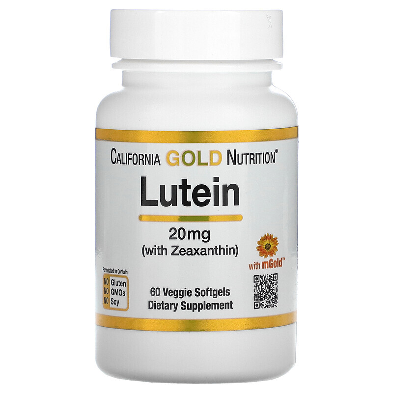 Лютеин и зеаксантин  Well Be California Gold Nutrition, Lutein with Zeaxanthin, 20 mg, 60 Veggie Softgels