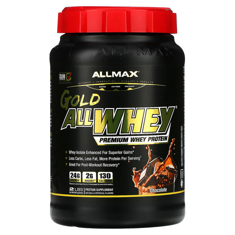   Well Be ALLMAX, AllWhey Gold, 100 % сывороточный белок + изолят сывороточного белка премиум-качества, со вкусом шоколада, 907 г (2 фунта)