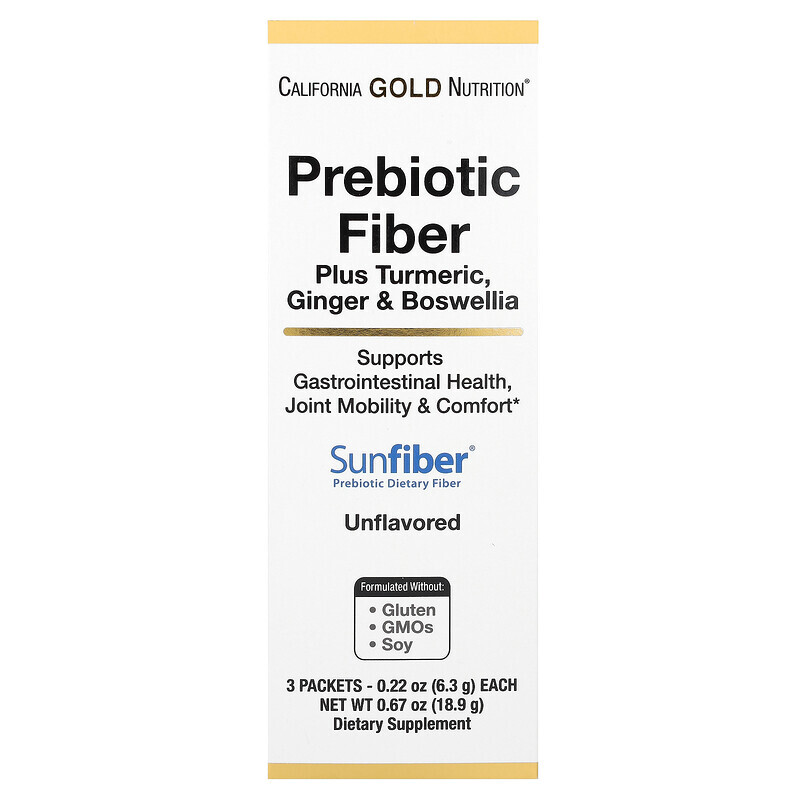 California Gold Nutrition, Prebiotic Fiber Plus Turmeric, Ginger, & Boswellia, 3 Packets, 0.22 oz (6.3 g) Each