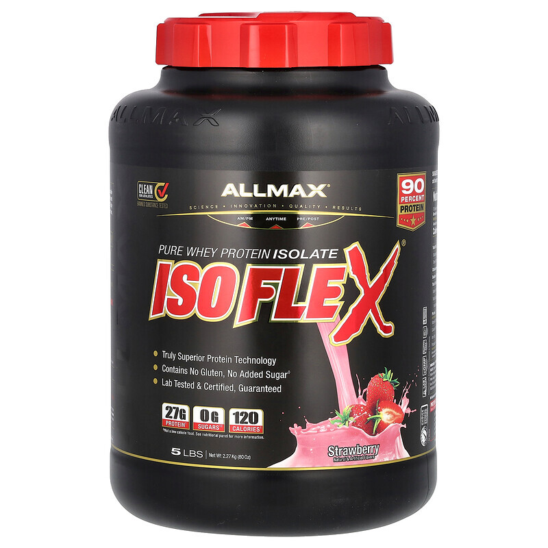 Сывороточный белок ALLMAX, Isoflex, 100% ультра чистый изолят сывороточного протеина (технология ионной фильтрации), клубника, 5 фунтов (2,27 кг)