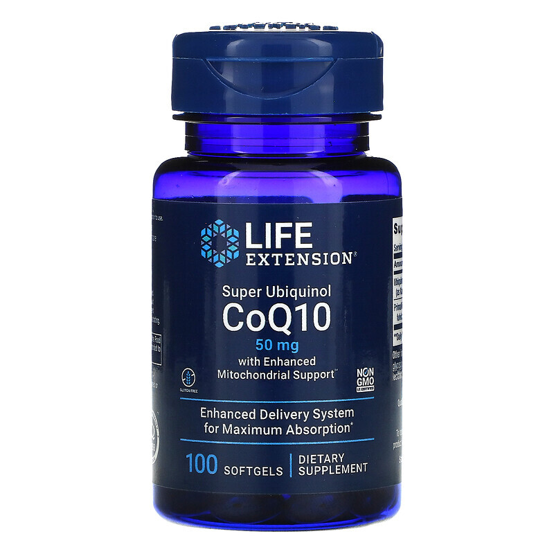 Life Extension, Super Ubiquinol CoQ10 с улучшенной поддержкой митохондрий, 50 мг, 100 гелевых капсул