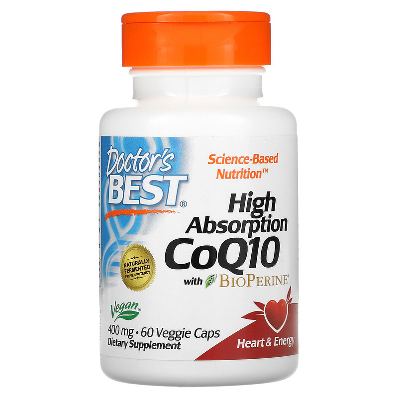 Коэнзим Q10 (CoQ10) Doctor's Best, коэнзим Q10 с высокой степенью усвоения, с BioPerine, 400 мг, 60 вегетарианских капсул