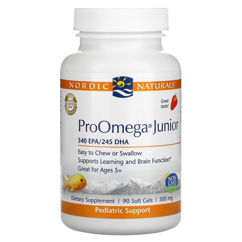   Well Be Nordic Naturals, ProOmega Junior, клубничный вкус, 340 мг, 90 мягких таблеток