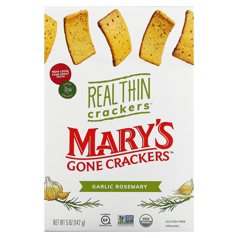 Mary's Gone Crackers, Real Thin Crackers, крекеры, чеснок и розмарин, 142 г (5 унций)