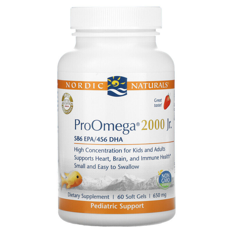  Nordic Naturals, Детская добавка ProOmega 2000, со вкусом клубники, 650 мг, 60 мягких желатиновых капсул