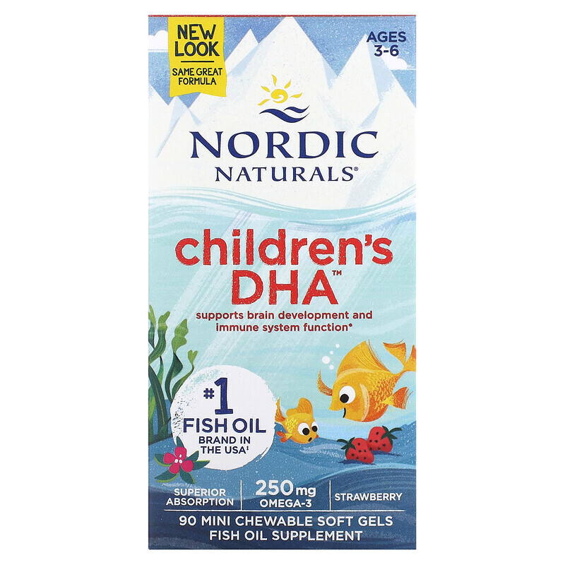  Nordic Naturals, ДГК для детей, клубника, для детей 3–6 лет, 62.5 мг, 90 желатиновых мини-капсул