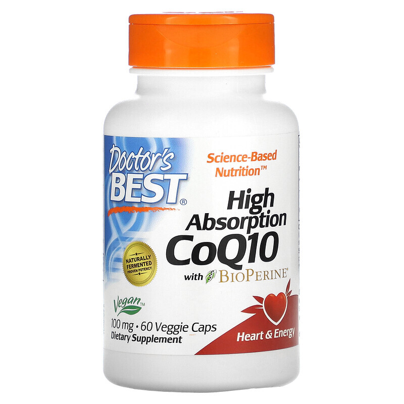 Коэнзим Q10 (CoQ10) Doctor's Best, коэнзим Q10 с высокой степенью всасывания, с BioPerine, 100 мг, 60 вегетарианских капсул