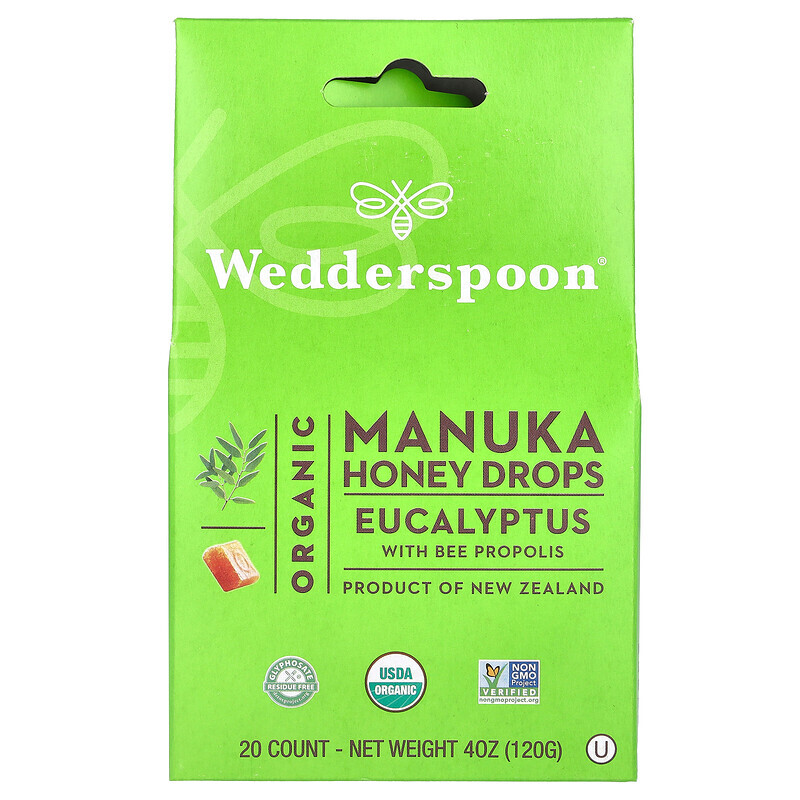 Wedderspoon, Органические капли из меда манука, эвкалипт и пчелиный прополис, 120 г (4 унции)