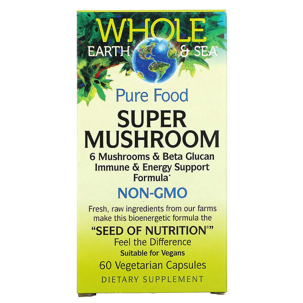 Биодобавки с клетчаткой  Well Be Natural Factors, Whole Earth & Sea, супер гриб, 60 вегетарианских капсул