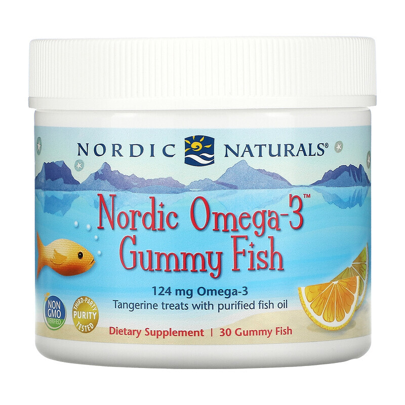   Well Be Nordic Naturals, Nordic Omega-3 Gummy Fish, «мандариновые лакомства», 124 мг, 30 жевательная таблеток в форме рыбок