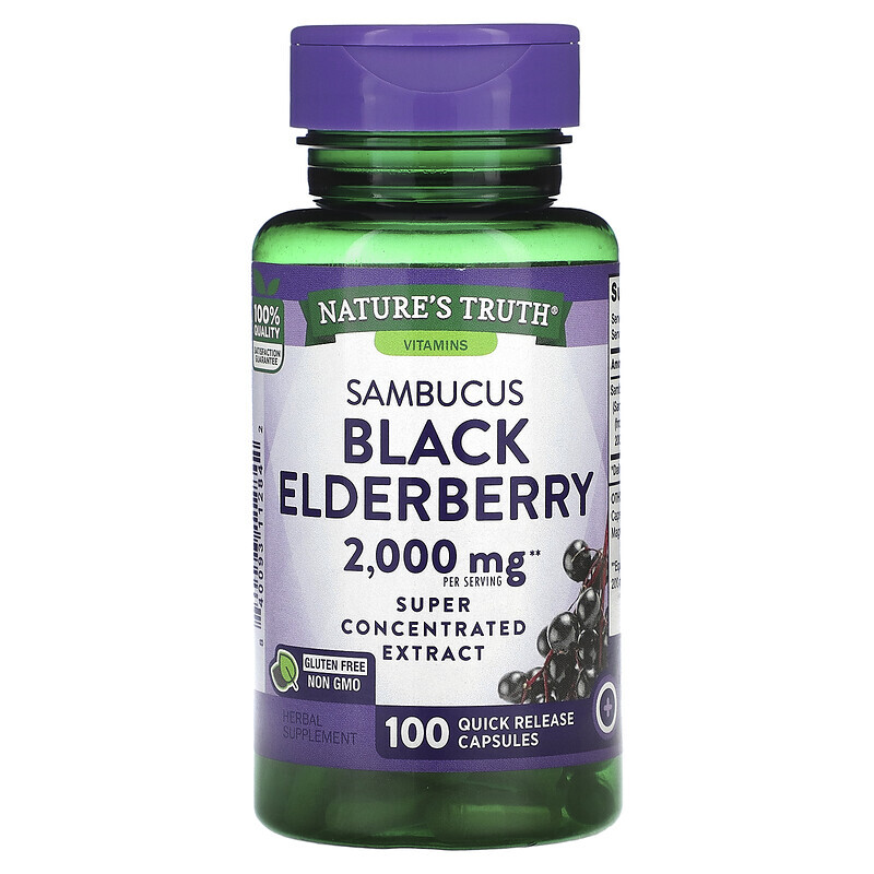 Бузина (Elderberry)  Well Be Nature's Truth, Sambucus Black Elderberry, 1000 мг, 100 капсул быстрого высвобождения